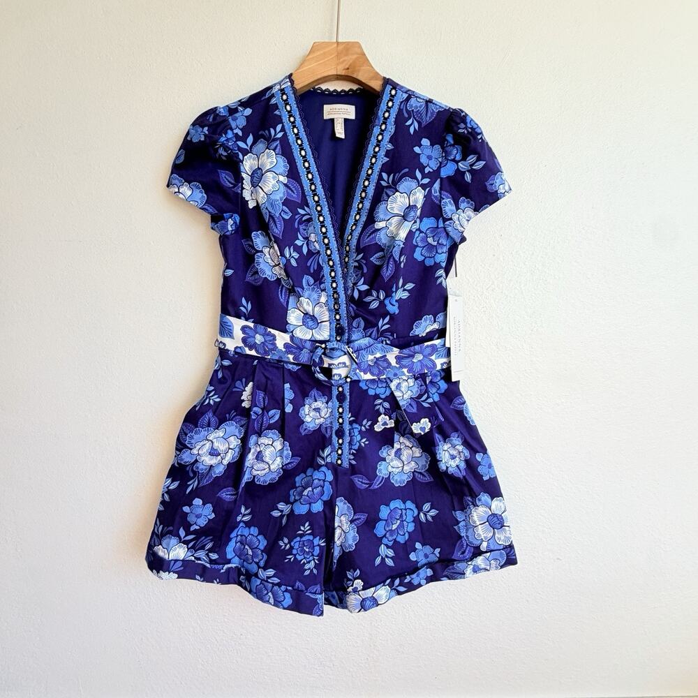 Adrianna Papell Blue Floral Print Belted V-Neck Short Sleeve Romper NWT 4 Resort